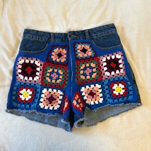 NWOT FARM for Anthropologie Knit Granny Square Denim Shorts
